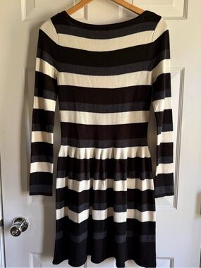 Vince Camuto Black, White & Gray Striped Long-Sleeve Fit-and-Flare Dress
